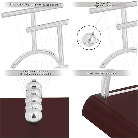 Newton Cradle Pendulum Metal Perpetual Motion Toy & Swing Balance Collision Ball Decoration Figurine with Polished Plastic Base for Office Classic Desk Toy (13.5X11X13.5Cm) - Brown