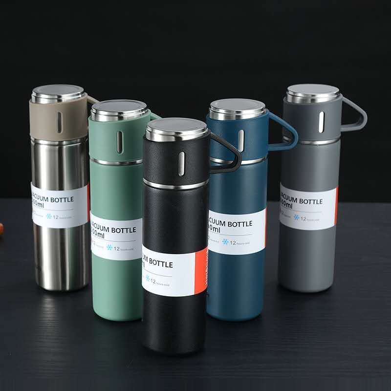 Stainless Steel Vacuum Flask Set with 2 Cups Flask Combo Keeps Liquid Tea Coffee Cold Hot Bottle Drink Water Flask Bottle 500ml Vacuum Insulated Bottle (Multicolor)
