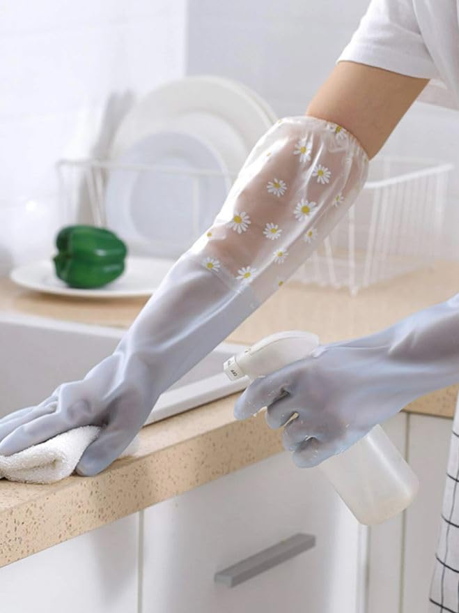 Reusable Heavy Duty Hand Gloves For Dishwashing, Gardening, Kitchen Cleaning Non-Slippery & Durable Long Elbow Length(Inner Cotton Lining For Comfort), Pack of 1 Pair (Blue)