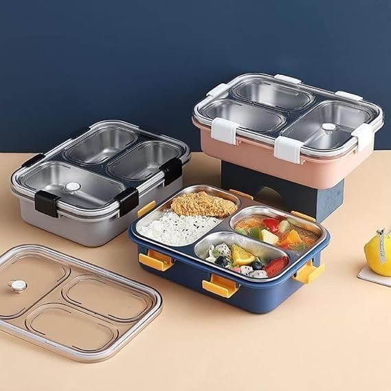 Only 1 Sales 3 Compartment Stainless Steel Lunch Box, Leakage Proof Lunch Box for School Kids and Adults Pack of 1 (Multi Color) 750ML