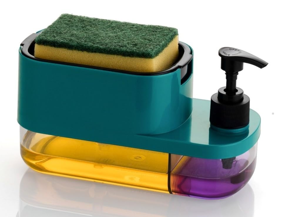 3 in 1 Soap Pump Dispenser Dish Soap Liquid Dispenser Sponge Holder Dish Soap Pump Dispenser for Kitchen Sink Countertop Kitchen Bathroom (Multi-Color)
