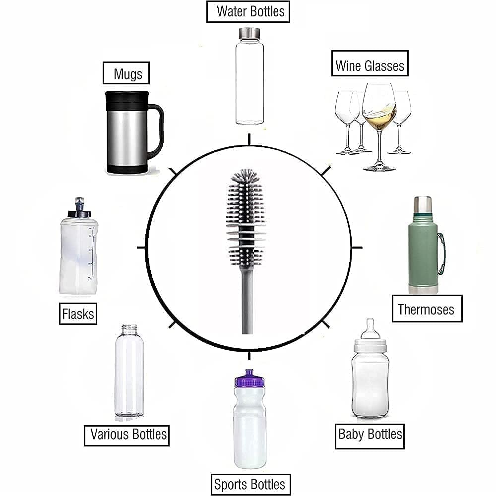 Long Handle Silicone Bottle Cleaner Brush for Washing Water Bottle, Solution Bottle, Mug. Cleaning Brush ((Pack of 1) (Color - Grey))