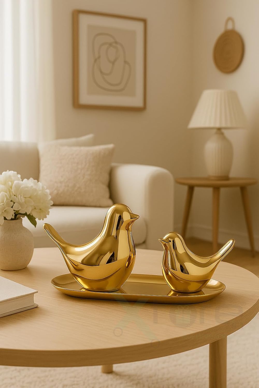 Ceramic Golden Blessing Birds Figurine for Home Decor | Living Room, Bedroom, Office Desk, Cabinets - (Pack of 2, Golden)