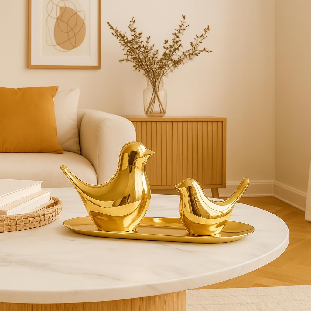 Ceramic Golden Blessing Birds Figurine for Home Decor | Living Room, Bedroom, Office Desk, Cabinets - (Pack of 2, Golden)
