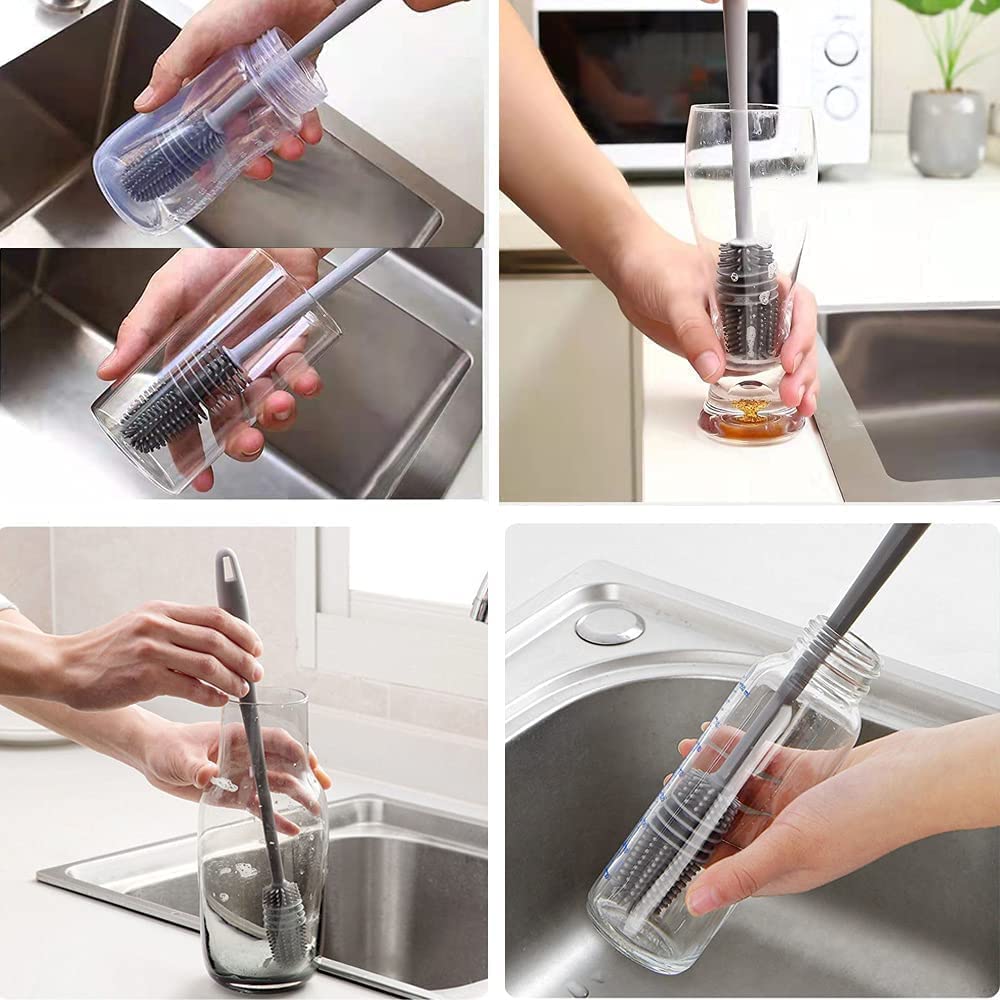Long Handle Silicone Bottle Cleaner Brush for Washing Water Bottle, Solution Bottle, Mug. Cleaning Brush ((Pack of 1) (Color - Grey))