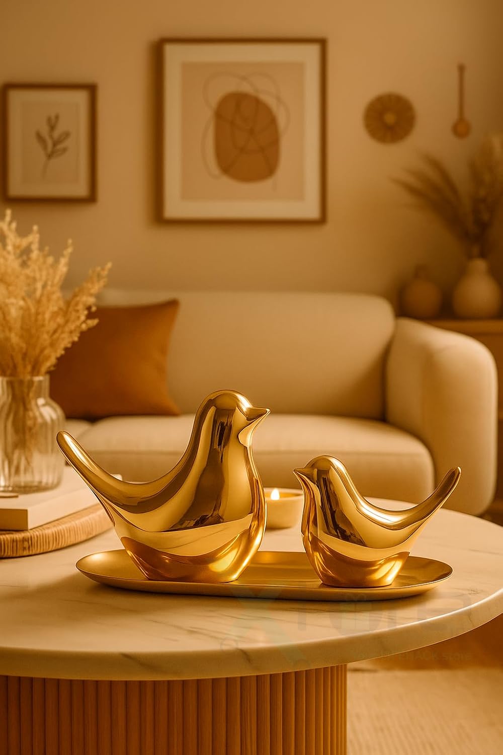 Ceramic Golden Blessing Birds Figurine for Home Decor | Living Room, Bedroom, Office Desk, Cabinets - (Pack of 2, Golden)