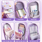 Canvas Premium Pencil Case, 6 Layer, 3 Compartments, Large Capacity, Cute Aesthetic Design For Girls, Multifunctional Pouch For School Kids, purple