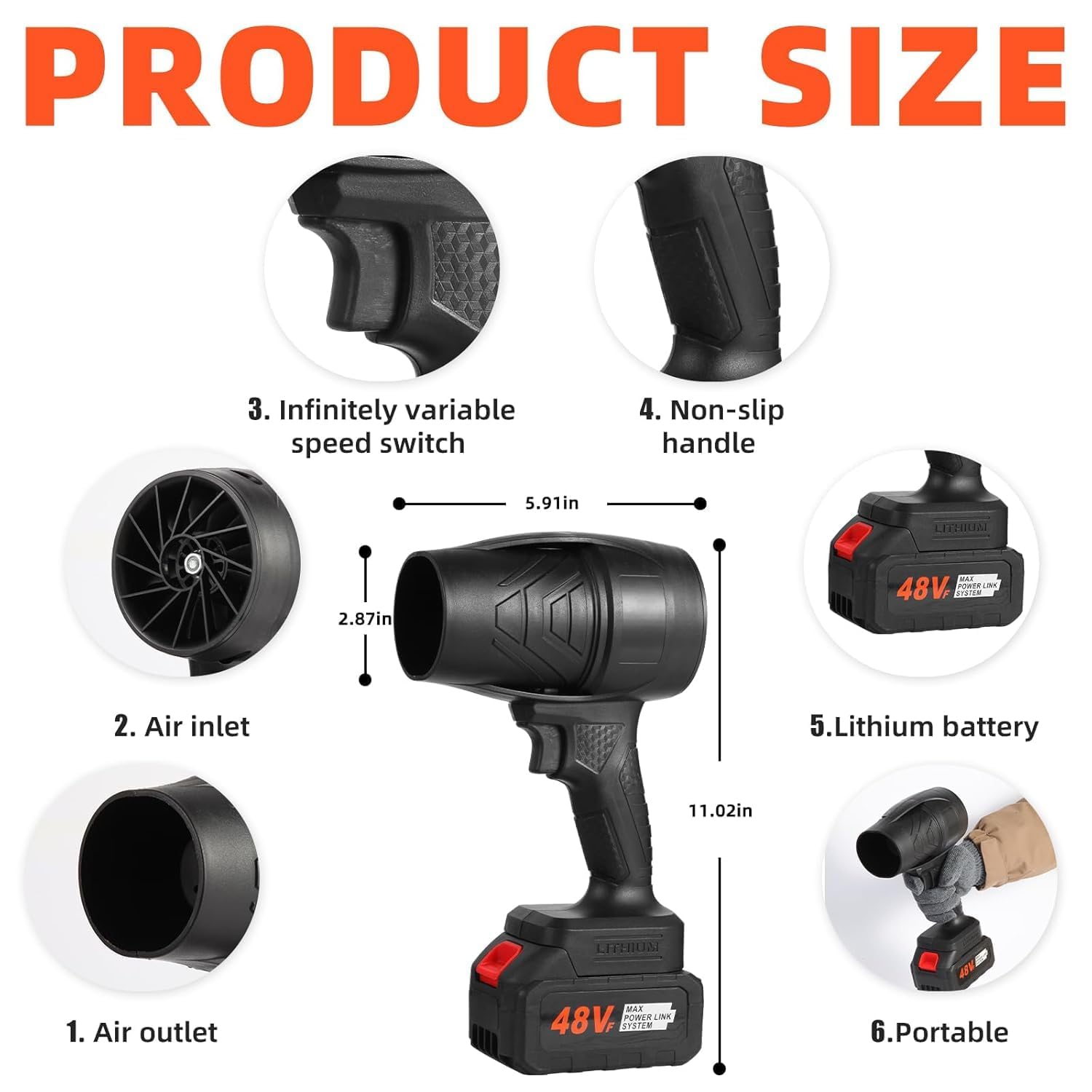 Handheld Electric Portable Air Blower,Turbo Jet Blower Cordless 48V,Handheld High Powerful Blow Brushless Motor for Extra runtime,Multipurpose Car,Home Corner, Road Cleaning (Multicolour)