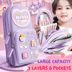Canvas Premium Pencil Case, 6 Layer, 3 Compartments, Large Capacity, Cute Aesthetic Design For Girls, Multifunctional Pouch For School Kids, purple