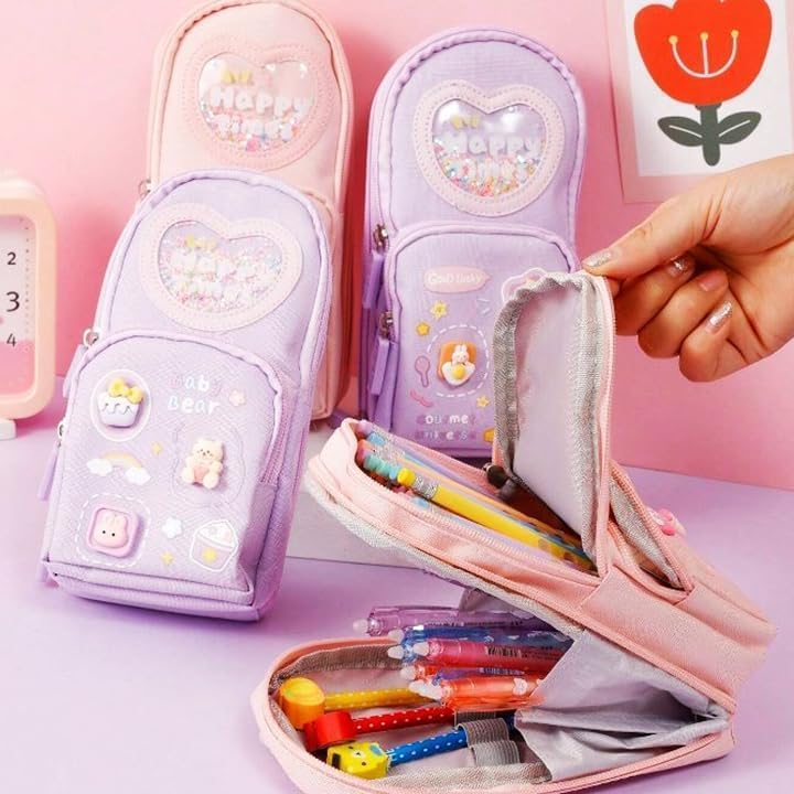 Canvas Premium Pencil Case, 6 Layer, 3 Compartments, Large Capacity, Cute Aesthetic Design For Girls, Multifunctional Pouch For School Kids, purple