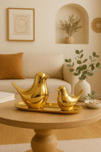 Ceramic Golden Blessing Birds Figurine for Home Decor | Living Room, Bedroom, Office Desk, Cabinets - (Pack of 2, Golden)