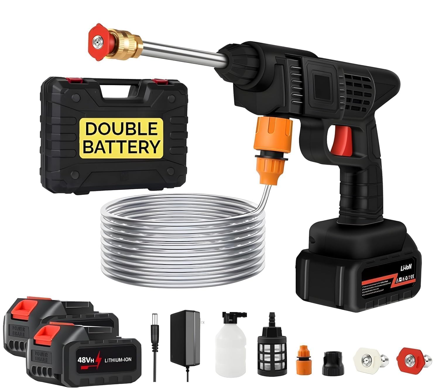 Double Battery Cordless Portable Wireless Pressure Washer Gun 48V 12000mAh High Pressure Water Gun for Car Wash and Bike Cleaning with Adjustable Nozzle and 5M Hose Pipe(1)/*-