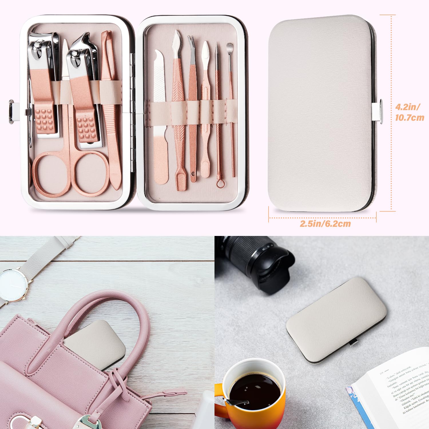 Manicure Set Nail Clippers Kit 10 in 1 Stainless Steel Pink Nail Grooming Tools with Leather Travel Case, Gifts for Men and Women Girls Boys Mom Dad