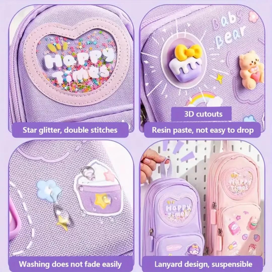Canvas Premium Pencil Case, 6 Layer, 3 Compartments, Large Capacity, Cute Aesthetic Design For Girls, Multifunctional Pouch For School Kids, purple