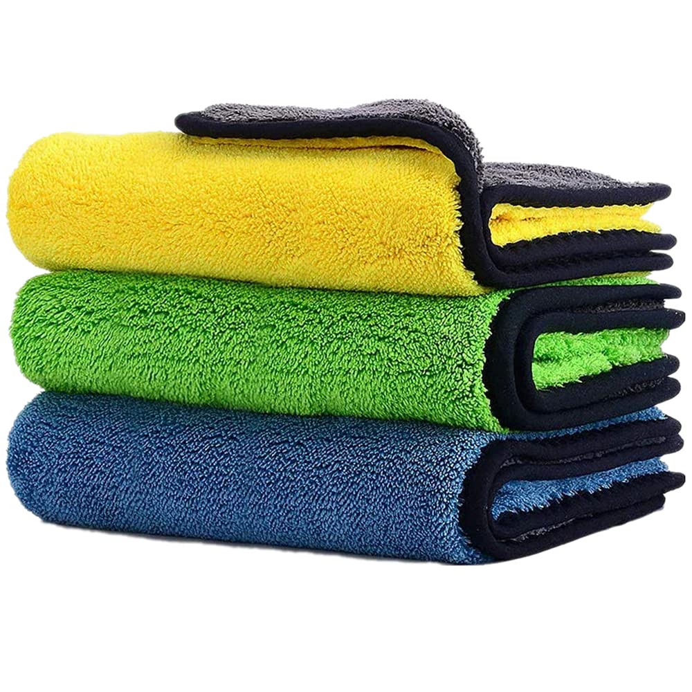 Heavy Microfiber Cloth For Car Cleaning And Detailing, Double Sided, Extra Thick Plush Microfiber Towel Lint-Free,(Size 40Cm X 40Cm)/Pack Of 3, Color: Mix, Multi Color, 3 TC