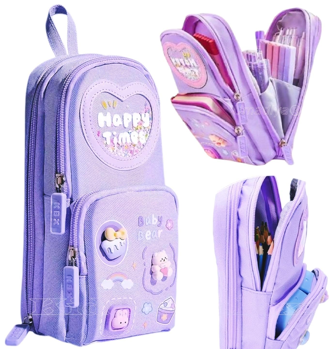 Canvas Premium Pencil Case, 6 Layer, 3 Compartments, Large Capacity, Cute Aesthetic Design For Girls, Multifunctional Pouch For School Kids, purple