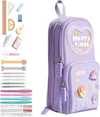 Canvas Premium Pencil Case, 6 Layer, 3 Compartments, Large Capacity, Cute Aesthetic Design For Girls, Multifunctional Pouch For School Kids, purple