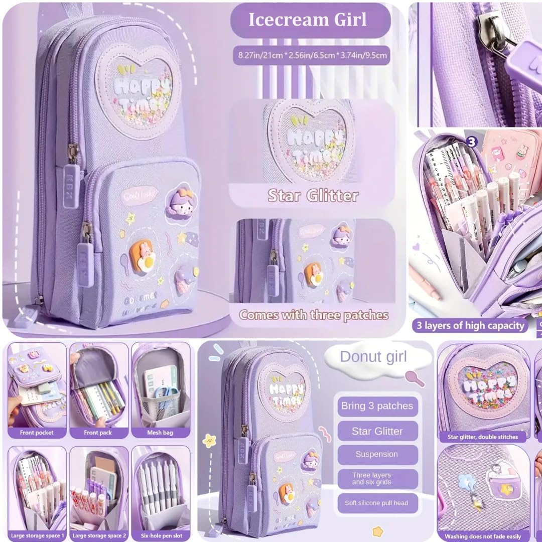 Canvas Premium Pencil Case, 6 Layer, 3 Compartments, Large Capacity, Cute Aesthetic Design For Girls, Multifunctional Pouch For School Kids, purple