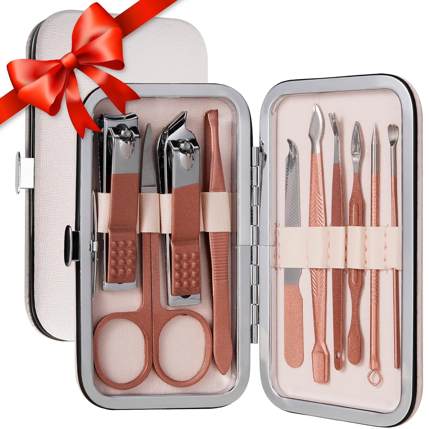 Manicure Set Nail Clippers Kit 10 in 1 Stainless Steel Pink Nail Grooming Tools with Leather Travel Case, Gifts for Men and Women Girls Boys Mom Dad